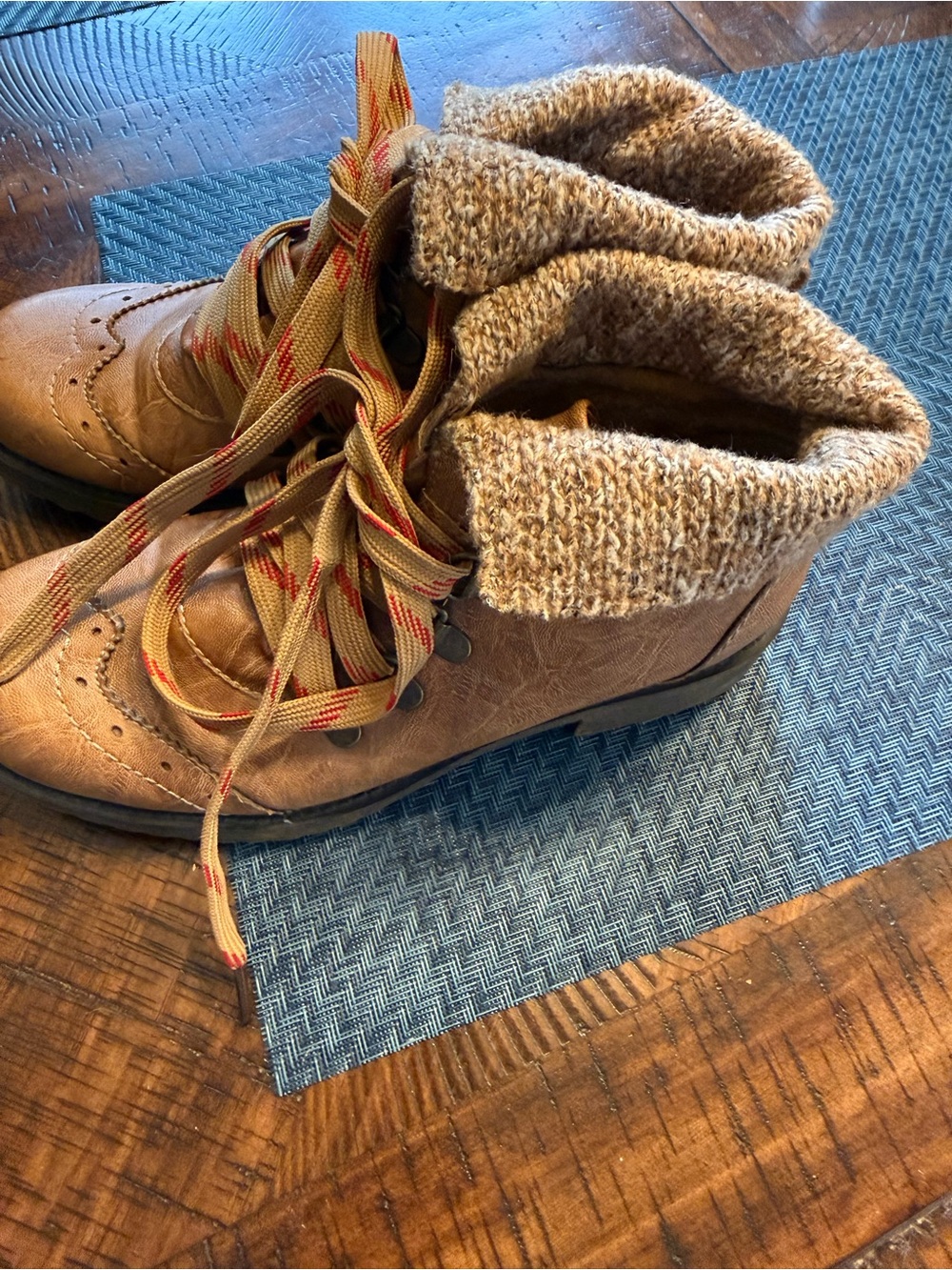 Ruff Hewn Tan Brown Lace-Up Ankle Boots with Knit Cuff